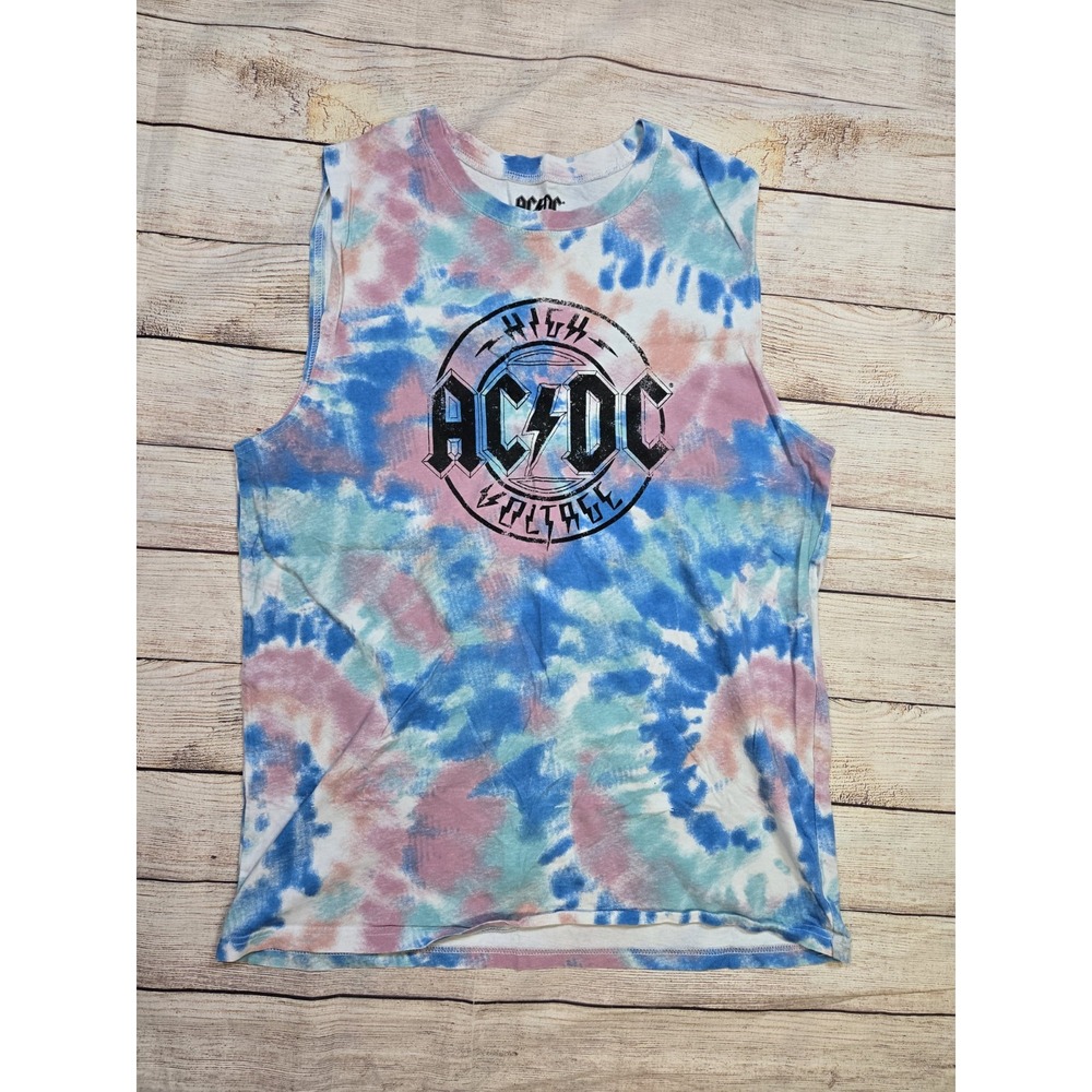 Rock Band AC/DC Tie Dye Unisex Sleeveless Tee Style‎ Top High Voltage Size Large